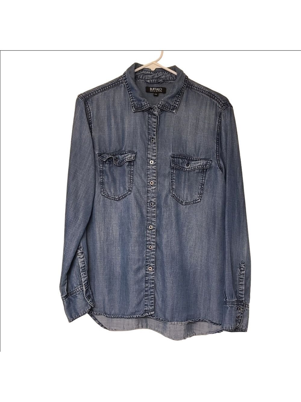 Y2K Buffalo Denim Chambray Button Down Shirt Dark Wash Pockets Long Sleeves